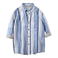 Men Clothing Summer Striped Three-Quarter Sleeve Linen Shirt Men' Loose Breathable Thin
