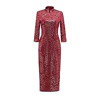 3/4 Sleeve Velvet Qipao Peony Embriodery Chinese Dress Long Cheongsam for Women Autumn Winter