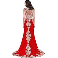 Kivary Crystals Gold Lace Mermaid Long Sheer Illusion Formal Prom Evening Dresses