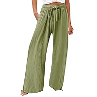 Plus Size Casual Pants,Women's Pant Casual Loose High Waist Cotton Linen Wide Leg Long Pants with Pockets Pants