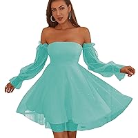 Women's Off Shoulder Puffy Sleeve Summer Dress A Line Strapless Sequin Tulle Mini Party Dress