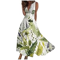 Womens Maxi Dresses for Spring,2024 Summer Sundress Womens Wrap V Swing Boho Dress Trendy Dressy Sleeveless Long Dress