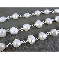 36 inch Long gem Fresh Water Pearl 5-7mm Fancy Shape Smooth Cut Beads Wire Wrapped Silver Plated Rosary Chain for Jewelry Making/DIY Jewelry Crafts #Code - ROSARYCH-0386