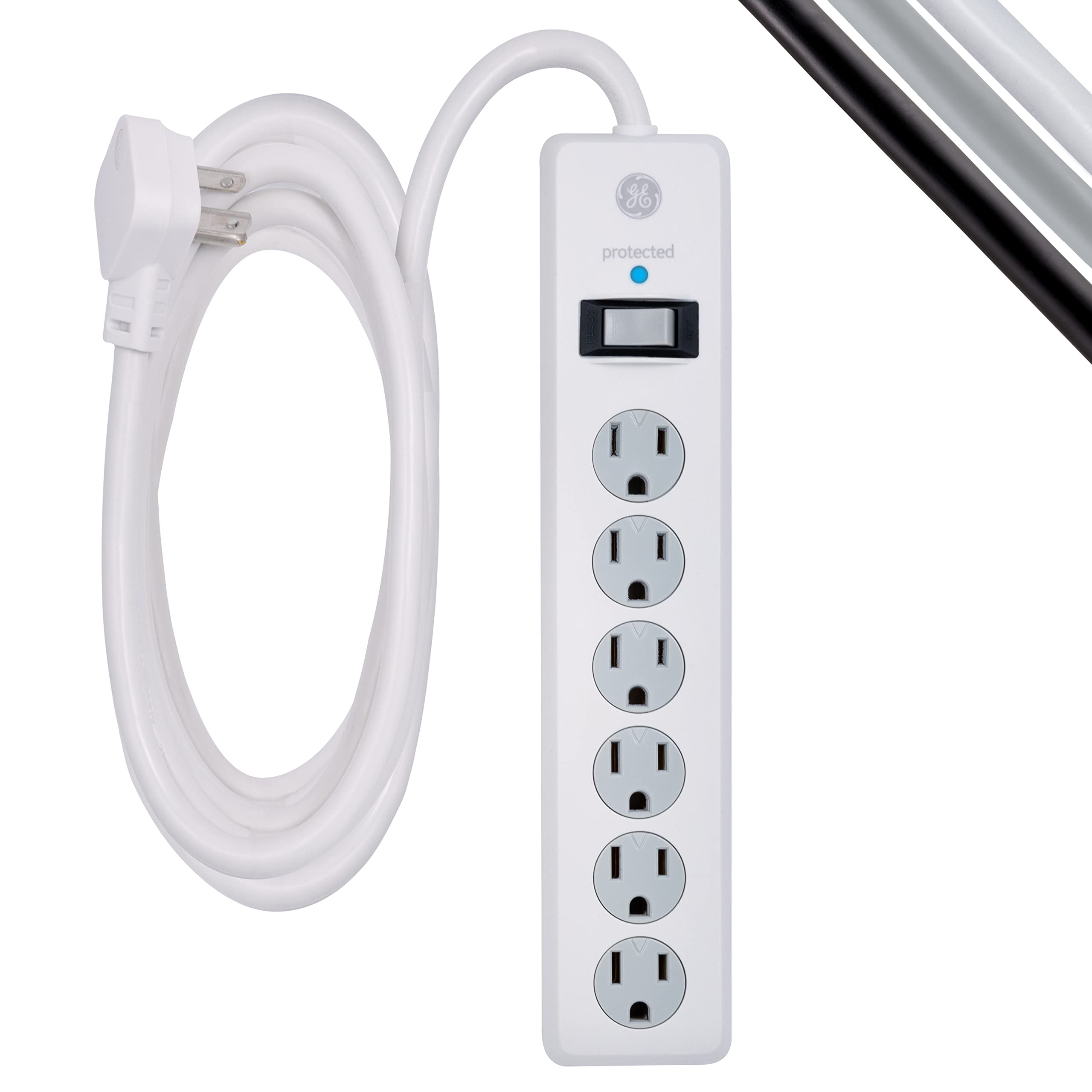 GE Pro 3-Outlet Power Strip with Surge Protection, 15 Ft, Black/Gray, 44237 & Protector, 10 Ft Extension Cord, Power Strip, 800 Joules, Flat Plug, White, 14092