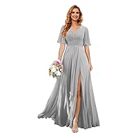 Noras dress Women's V Neck Bridesmaid Dresses with Sleeves Chiffon A Line Formal Dress Long with Slit 2024 NO101