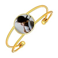 FindChic Wide Cuff Bracelet for Women 18K Gold Plated Tapered Cut/Wave/Evil Eye Adjustable Plain/Photo Customized Chunky Statement Open Bangles for Girls