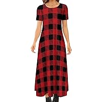 Red and Black Retro Pattern Women's Short Sleeve Crewneck Dress Casual Long Maxi Dresses
