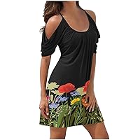 Womens Summer Dresses Casual Floral Butterfly Print Cold Shoulder Tshirt Dress Scoop Neck Short Sleeve T Shirt Dress Sundress