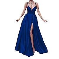 Women's A-Line V Neck Glittery Prom Dresses Side Slit Long 2019 Wedding Evening Party Gowns with Pocket