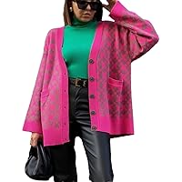 Women Long Sleeved Button Down V-Neck Cardigan Geometry Cardigan Sweater with Pocket