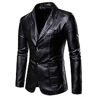 Leather Blazer for Men Notched Collar Casual Stylish 2 Button Slim Faux Leather Suit Blazer Jacket Coat