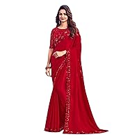 Indian Woman Chiffon Silk Red Sequin Sari Blouse Border Fancy Saree FI306