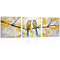 ZXHYWYM Love Birds Canvas Wall Art 3 Pieces Two Couple Birds on Branch Yellow Flower Tree Painting Prints Romantic Pictures Bedroom Decor Framed(1, (12.00