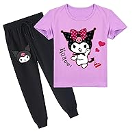 Kid Short Sleeve Crew Neck Tee Shirt,Kuromi Graphic Sweatshirt 2 Pcs Tracksuit Set for Boy Girls