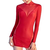 FEESHOW Women Sexy Mesh Sheer Patchwork Tight Pencil Dress High Neck Bandage Dress with Thongs