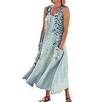 Boho Dress for Women Elegant Sleeveless Tank Dress,Deep U Neck Pleated Casual Linen Dress with Pocket