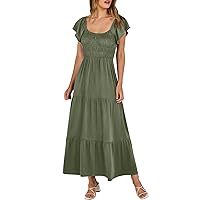 Sundresses for Women 2024,V Neck Ruffle Floral Dress Flowy Chiffon Beach Dress Vacation Tropical Boho Summer Dress