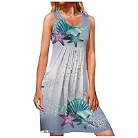 Summer Dress for Women 2024 Sleeveless Crew Neck Gradient Print Sundress Loose Fit Summer Beach Pleated Swing Dress