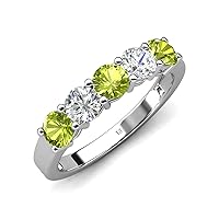 Round Peridot & Natural Diamond 1.45 ctw Side Gallery Women 5 Stone Stackable Wedding Band 14K Gold