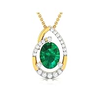 Oval Cut Shape Lab Made Emerald 925 Sterling Silver Pendant Necklace with Cubic Zirconia Link Chain 18