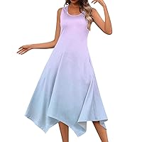 Summer Spring Dress for Women Casual Fashion Round Neck Sleeveless Dress Printed Slim Fit Irregular Midi Dress