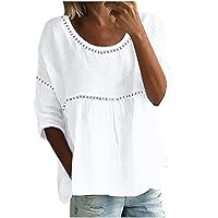 3/4 Sleeve Cotton Linen Shirts for Women Crewneck Hollow Out Lace Crochet Blouses Loose Casual Solid Color Summer Tops