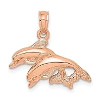 14k Rose Gold Double Dolphins Jumping Left High Polish and 2 d Charm Pendant Necklace Measures 11.8x19.5mm Wide 3.4mm Thick Jewelry Gifts for Women