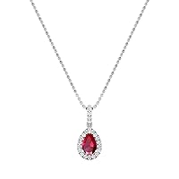 9x6mm Pear Lab Created Ruby & Round Lab Grown White Diamond Solitaire Halo Teardrop Pendant Necklace with 18 inch Silver Chain for Women in 925 Sterling Silver