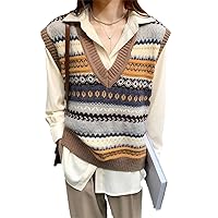 Vintage Argyle V-Neck Knitted Sweater Vest Women Loose Sleeveless Sweater Pullover Autumn Casual Knit Waistcoat