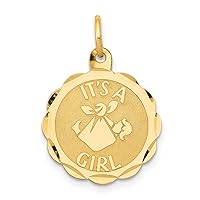 14k Yellow Gold Polished IT'S A GIRL Scalloped DiscCustomize Personalize Engravable Charm Pendant Jewelry Gifts For Women or Men (Length 0.86