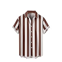 Men's Striped Bowling Shirts Casual Short Sleeve Button Down Palm Printed Hawaiian Regular Fit Beach Aloha Shirt