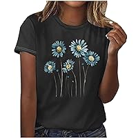 Womens Tops Casual Crewneck Pullover Cute Sunflower Graphic Blouse Plus Size Aesthetic Cotton Tee Summer Ladies Tunic Tshirt