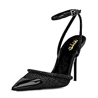XYD Women Fashion Stiletto Heel Metal Cap Pointed Toe Ankle Strap Pumps Glitter Studs High Heeled Strappy Dress Evening Shoes