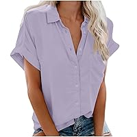 Womens Short Sleeve Shirts V Neck Collared Button Down Shirt Tops with Pockets Plain Solid Color Work Blouses