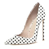 Women's Fashion 5 Inch Polka Dots Pointed Toe Slip On Patent Leather Floral Stiletto High Heel Pumps Comfy Dress Shoes for Party