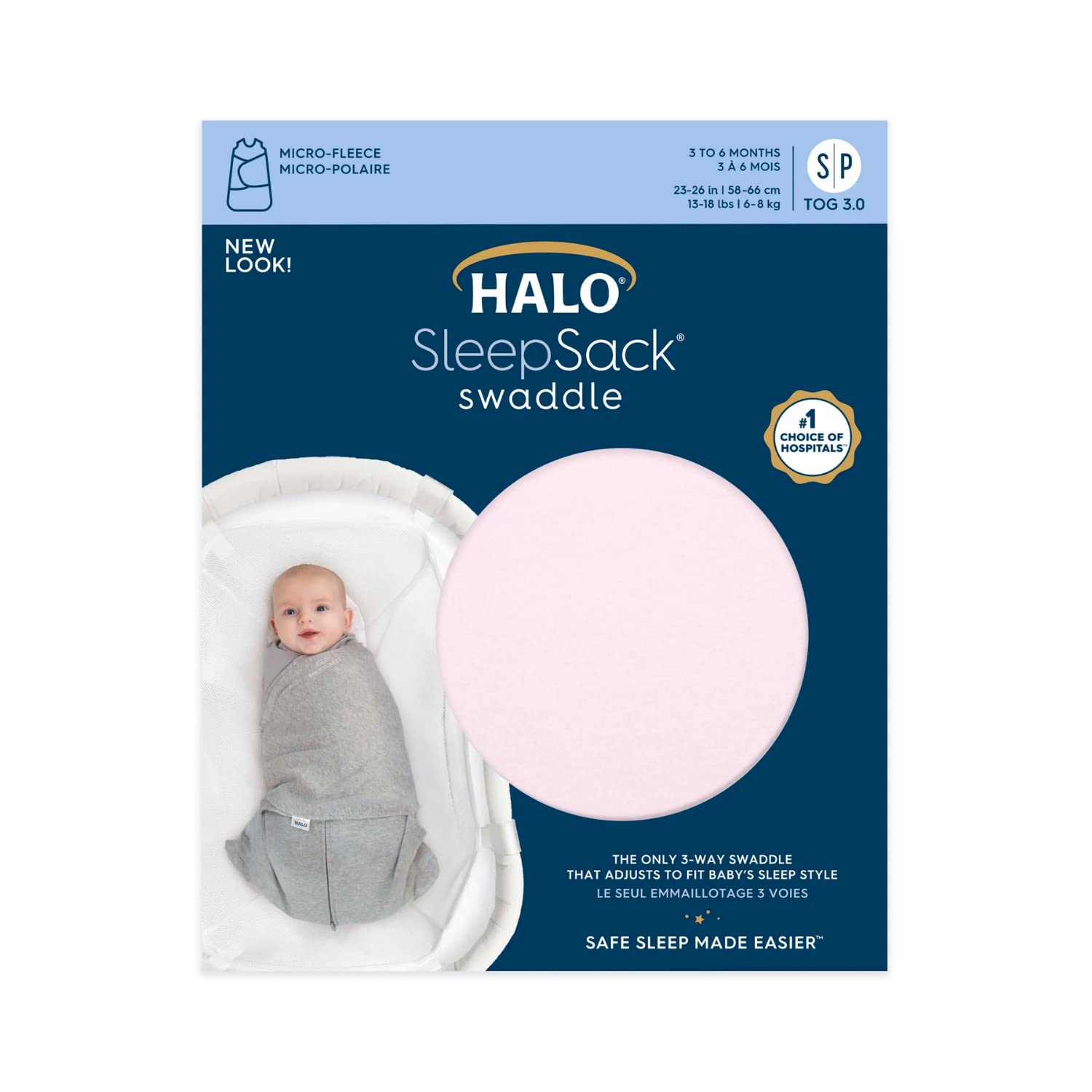 HALO Micro-Fleece Sleepsack Swaddle, 3-Way Adjustable Wearable Blanket, TOG 3.0, Soft Pink, Small, 3-6 Months