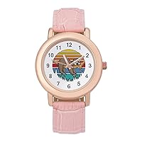 Lazzy Sloth Retro Sunset Women's PU Leather Strap Watch Fashion Wristwatches Dress Watch for Home Work