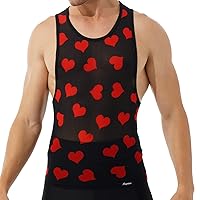 FEESHOW Mens Tank Tops Patchwork O Neck Sleeveless Heart Print Mesh Vests Fitness Summer Tops