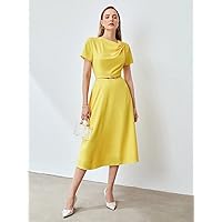 Dresses for Women Women's Dress Pearl Detail MIDI Dress Without Belt Dresses (Color : Yellow, Size : Small)