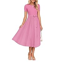 ZESICA Womens Spring Casual Short Sleeve Midi Dresses 2024 Summer Crew Neck Ribbed Knit Belted Pleated A Line Long Dress,Pink,Small