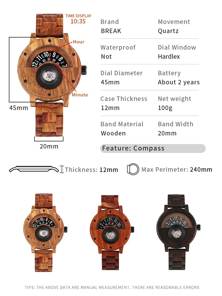 Men's Wooden Bamboo Watch Lightweight Handmade Turntable Compass Quartz Sports Watches