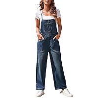Pink Queen Women's Denim Bib Overalls Casual Loose Adjustable Straps Wide Legs High Waist Jean Pants Jumpsuits with Pockets