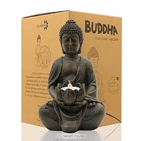 Goodeco Meditating Buddha Tealight Holder/Candle Holder - Buddha Figurine Zen Statue w/Lotus- with a LED Tea Light Decor for Home,Garden,Patio,Deck,Porch Yard Art Decoration,Polyresin 8