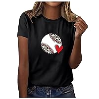Womens Cute Baseball Tshirts Funny Leopard Round Neck Tops Summer Causal Short Sleeve Heart Graphic Tee Shirts