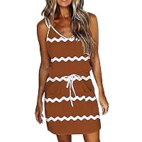 Sundresses for Women,2024 Summer Casual Sling V Neck Mini Dress,Loose Trendy Striped Drawstring T Shirt Dress with Pockets