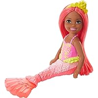 Barbie Dreamtopia Chelsea Mermaid Doll with Coral-Colored Hair & Tail, Tiara Accessory, Small Doll Bends at Waist