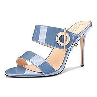 Castamere Womens Stiletto High Heel Open Round Toe Sandals Mules Shoes Slip-on Buckle Metal Chain Casual Dress Summer 3.9 Inches Heels