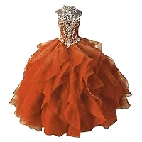 Women's Crystal Beaded Quinceanera Dresses High Neck Organza Ruffles Ball Gowns for Sweet 16