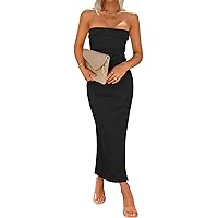 ZESICA Women's Summer Strapless Bodycon Midi Dress 2024 Off Shoulder Strapless Side Slit Tube Long Club Party Dresses