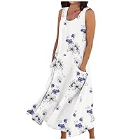 Dresses for Women Beach Summer Bohemian Long Comfy Linen with Pockets Scoop Neck Floral Batik Stretch Dress Spring Tops